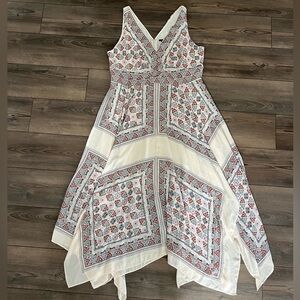 Ann Taylor Sleeveless V neck Bohemian Print Midi Dress Asymmetrical Hem Sz 16